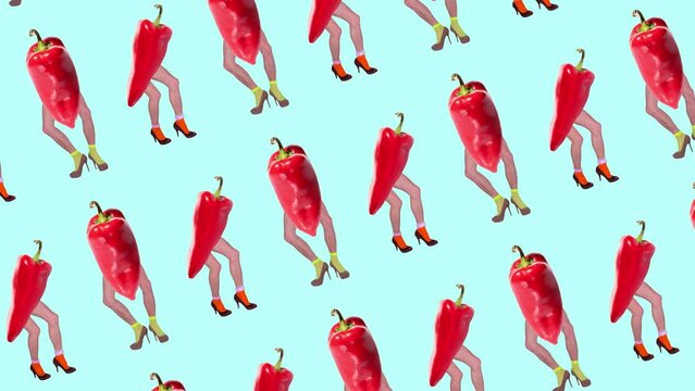 Stop motion, animation. Male legs wearing heels with red pepper body over mint background. Vegetable diet. Vegetarians. Concept of art, creativity, food, design, healthy nutrition. Abstract creative