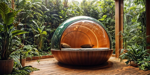 wooden pod bed is situated on a wooden deck, surrounded by plants. - 767901726