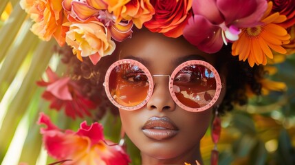  A close-up of a model wearing oversized sunglasses and a floral headpiece, with a backdrop of tropical flowers, highlighting the bold and colorful trends of summer fashion. 