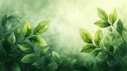 Fototapeta na wymiar Green leaves watercolor pattern on light background.
