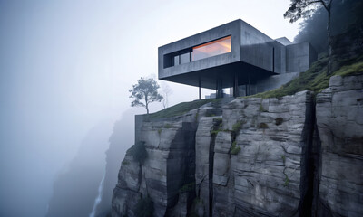 square box-like structure is perched on top of a sheer cliff, overlooking a large waterfall. The surrounding area is covered in fog, creating an otherworldly atmosphere. - 767901943
