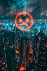 Obraz premium A sad emoji icon above the city skyline