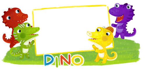 cartoon scene with dino dinosaurs or dragons friends playing having fun childhood on white background with space for text illustration for children - 767901993