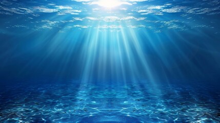 Ocean background - Sun shining light sunlight sunshine in blue clearly deep water, sunbeams illuminate the blue underwater sea scene - obrazy, fototapety, plakaty