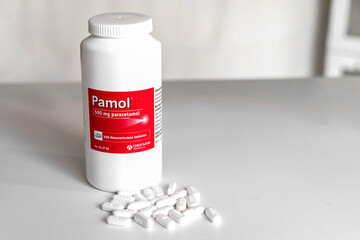 Large package of paracetamol tablets. Pills for pain and fever reduction. Denmark - Martch 24, 2024