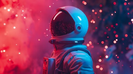 A silhouette of an astronaut against a backdrop of vibrant neon lights and bokeh. - obrazy, fototapety, plakaty