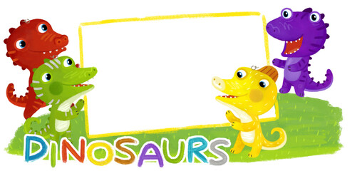 cartoon scene with dino dinosaurs or dragons friends playing having fun childhood on white background with space for text illustration for children - 767902149