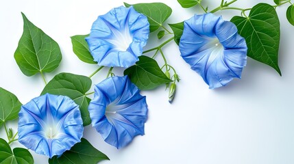 Top view of morning Glory ( Ipomoea Purpurea) kept on a clean white backdrop with a big space for text or product
