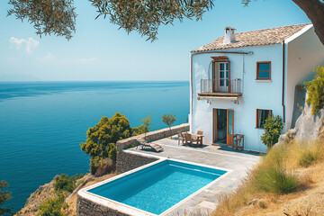 Traditional Mediterranean white house with swimming pool on a hill overlooking the sea. background Summer holidays