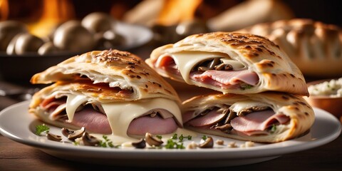 A Delicious Half-Moon Calzone. A close-up photo of a halved calzone revealing a savory filling of ham and mushrooms. - obrazy, fototapety, plakaty