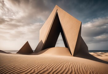 triangular structure is standing in the desert. The sand is brown and the sky is cloudy. - 767902526