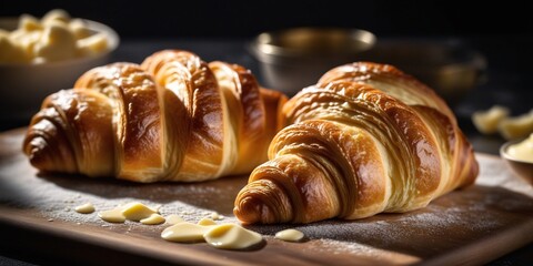 Buttery Croissants on a  Cutting Board.  Close-up image of  flaky croissants with melted butter on a  cutting board. - obrazy, fototapety, plakaty
