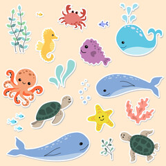Cute cartoon underwater animals stickers pack. Hand drawn sea life elements for printing, poster, card, clothes.
