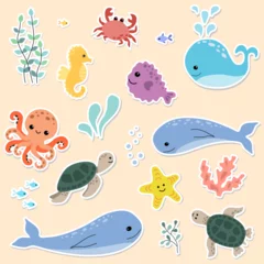 Fotobehang In de zee Cute cartoon underwater animals stickers pack. Hand drawn sea life elements for printing, poster, card, clothes.
