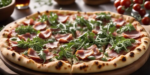 pizza with ham and basil