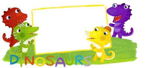 cartoon scene with dino dinosaurs or dragons friends playing having fun childhood on white background with space for text illustration for children - 767902975