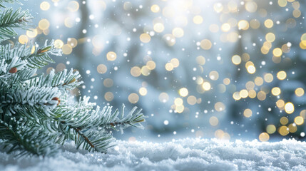 Fototapeta na wymiar Glistening Holiday Spruce Snow-dusted spruce branches against a backdrop of golden bokeh and falling snowflakes evoke the joyous spirit of the holiday season.