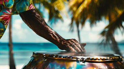 Fototapeta premium A close-up of a singer's hands playing a steel drum, with a blurred background of a tropical beach