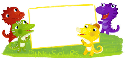 cartoon scene with dino dinosaurs or dragons friends playing having fun childhood on white background with space for text illustration for children - 767903312