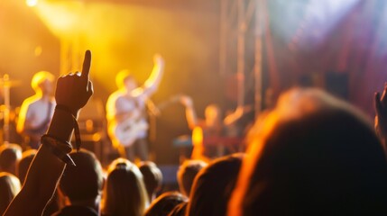 a singer belting out a summer anthem on stage at an outdoor music festival, with the crowd dancing in the background, vibrant stage lights adding to the energetic atmosphere of the summer concert.  - obrazy, fototapety, plakaty