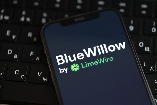 KYIV, UKRAINE - MARCH 17, 2024 BlueWillow logo on iPhone display screen and MacBook keyboard. Artificial Intelligence engine