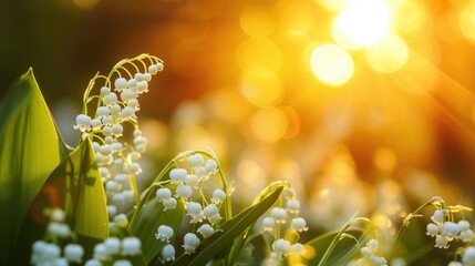 Lily of the valley flowers with sun backlight. Springtime nature photography for design and print
