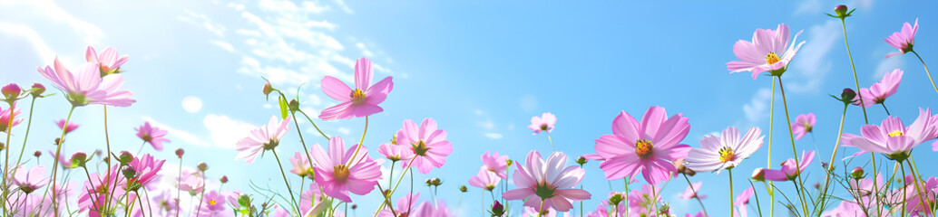 Beautiful cosmos flowers in a meadow on a blue sky background with copy space for text, banner design, Generative AI
