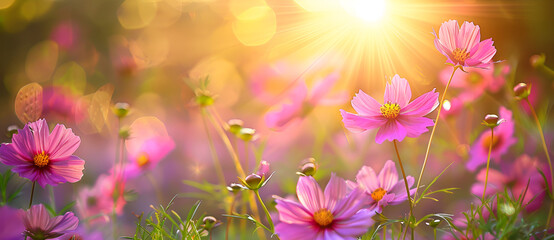 Beautiful cosmos flowers in the meadow, spring landscape with colorful wildflowers and sun flare background. Shallow depth of field, Generative AI