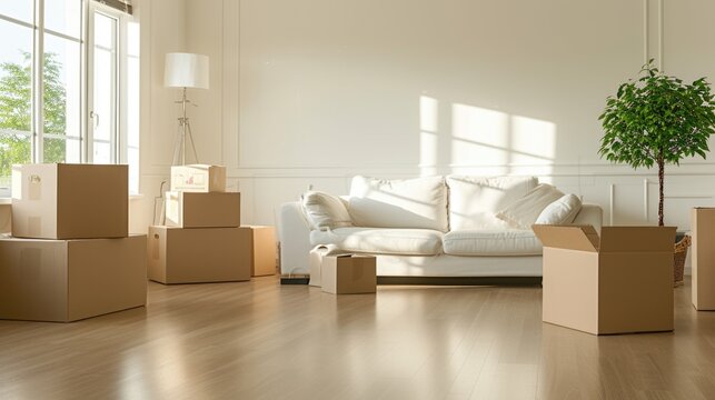 Moving boxes in a spacious living room. Interior design photograph with sunlight