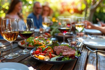 Backyard dinner table have a tasty grilled BBQ meat, Salads and wine with happy joyful people on background