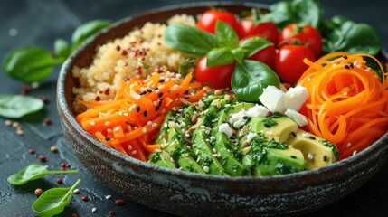 Healthy vegetarian buddha bowl with quinoa, carrots, tomatoes, and avocado on a dark background