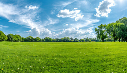 Obraz premium Beautiful green lawn with a blue sky and clouds, a wide angle view, Generative AI