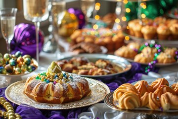 Festive Mardi Gras king cake on a decorated table with party beads and masks.