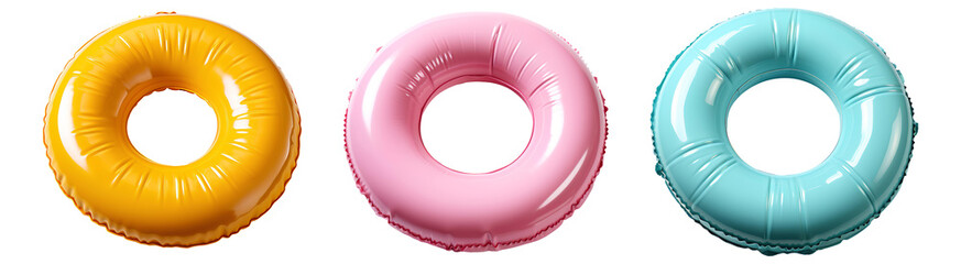 Circular pool float set PNG.  Yellow pool float PNG. pink pool float top view PNG. Blue pool float for swimming flat lay isolated