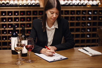 Female professional sommelier making notes on tablet sitting at the table and tasting red and white wine poured in glasses in cellar on wooden bottled shelf background.