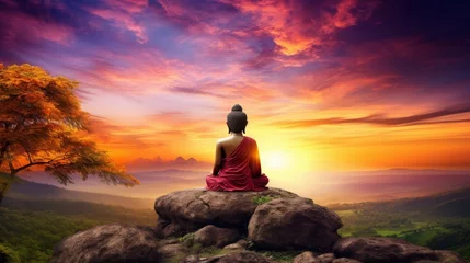Poster Buddhist meditator finding cosmic harmony in stunning natural landscape under starry sky © Aliaksandra
