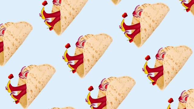 Stop motion, animation. Female legs in red tights and yellow heels sticking out delicious vegetable taco. Street food lover. Concept of art, creativity, food, design, surrealism. Abstract design