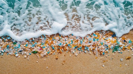 Varied microplastics and debris scattered on beach sand.