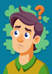 Young puzzled, doubtful, confused man thinking, trying to find solution, worried expression on his face, concept - Sorry, don't know how it happened. Copy space.