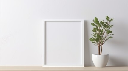 A mock-up of an empty wooden picture frame on a light wall background. A vase with flowers and leaves. The concept of advertising, a place for text.