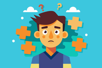 Young puzzled, doubtful, confused man thinking, trying to find solution, worried expression on his face, concept - Sorry, don't know how it happened. Copy space.