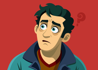 Young puzzled, doubtful, confused man thinking, trying to find solution, worried expression on his face, concept - Sorry, don't know how it happened. Copy space.
