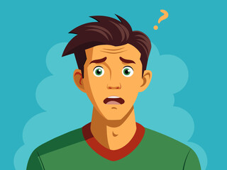 Young puzzled, doubtful, confused man thinking, trying to find solution, worried expression on his face, concept - Sorry, don't know how it happened. Copy space.