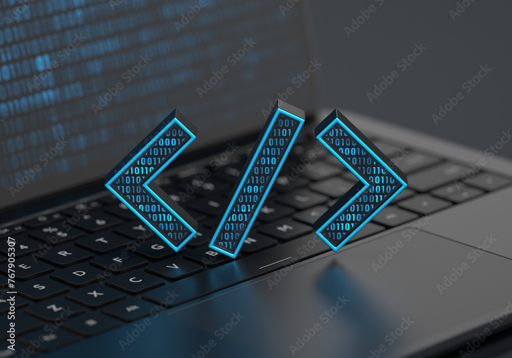 Poster a digital code icon placed on a laptop keyboard with soft depth of field on a dark background. reali