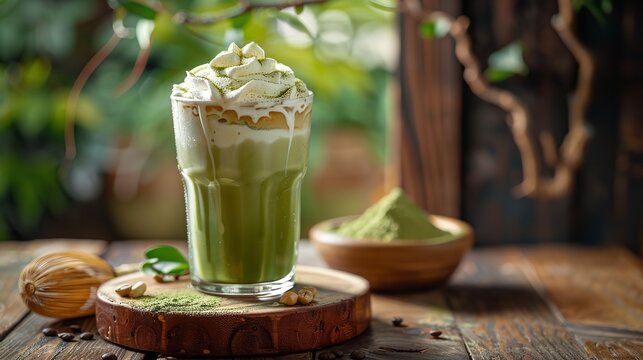 Whipping cream-topped iced matcha latte over a wooden platform with a wooden backdrop lovely green drinkable drink and space, Generative AI.