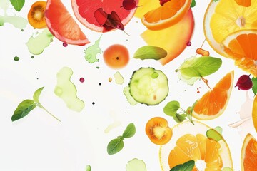 Colorful vivid flying array of vegetables and fruits slices and splashes against a white background