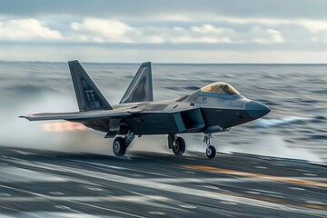 Front view of an F-22 Raptor fighter jet accelerating during takeoff on an aircraft carrier runway. The aircraft is sent on combat duty in offshore waters. Motion blur effect. - obrazy, fototapety, plakaty