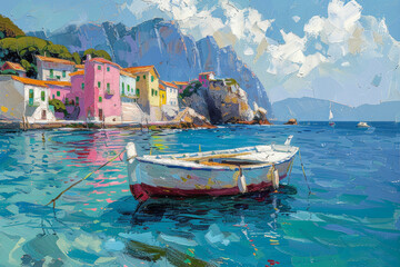 Vivid oil painting of a serene seaside town with colorful buildings and a moored boat in the foreground - obrazy, fototapety, plakaty