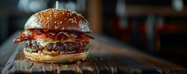 Juicy bacon cheeseburger with fresh toppings and sesame bun Copy space - obrazy, fototapety, plakaty