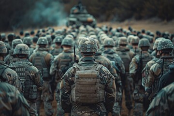 Fototapeta premium Rear View of a Soldier Leading a Column of Military Personnel Through Training Maneuvers